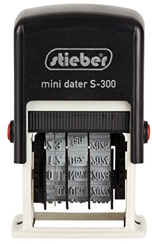 Stieber mini dater S-300 Mini Datumstempel Tag.Monat (deutsch, abgekürzt).Jahr bis 2029, Bügelfarbe dunkelblau (gültig bis 2029), Kissen schwarz ölfrei getränkt