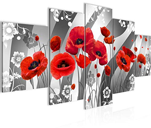 Runa Art - Bilder Blumen Mohnblumen 200 x 100 cm 5 Teilig XXL Wanddekoration Design Rot Grau 208851b
