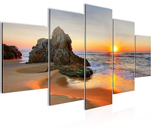 Runa Art Wandbilder Sonnenaufgang Strand 5 Teilig Bild auf Vlies Leinwand Deko Schlafzimmer Wohnzimmer Dünen Panorama Orange 609552a