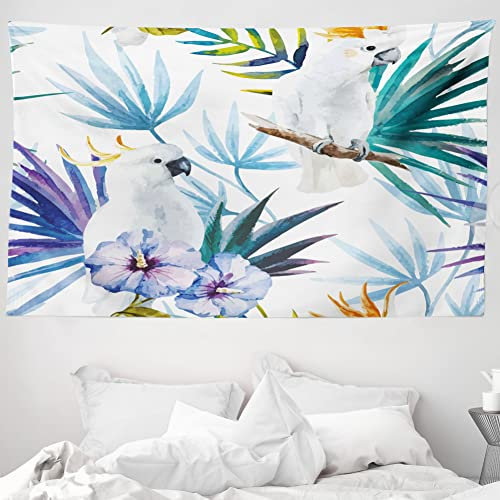 ABAKUHAUS Tropisch Wandteppich und Tagesdecke, Aquarell Parrot Palm aus Weiches Mikrofaser Stoff Waschbar ohne Verblassen Digitaldruck, 230 x 140 cm, Weiß Lila