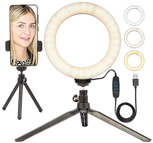 LED Ring Light 6 Desktop Makeup Mini Tripod Stand Camera Holder Kit - for Beauty Selfie Video Portrait Product Photography Youtube Live Stream - 3 Colour Modes, USB Cable & Remote