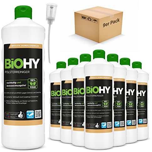 BiOHY Limpiador tapicerías (9 botellas de 1 litro) + Dosificador | Ideal para asientos de coche, sofás, colchones, etc. | También es adecuado para las lavadoras (Polsterreiniger)