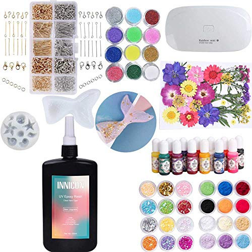 INNICON UV-Harz Epoxidkleber Werkzeugsatz, Glitterpigment Trockenblume Meerjungfrau Silikonform für DIY Homemake Charms Basteln, transparent, 250ml ungiftig, mit tragbarer Lampe