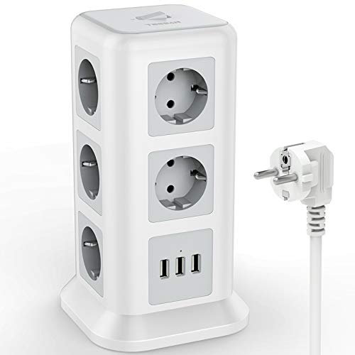 TESSAN Multiprise Tour avec 11 Prises(2500W/10A) et 3 Ports USB, avec Interrupteur de Protection Contre Les Surcharges. Electrique Tour Multiprises pour Bureau et Maison, 2M, Blanc