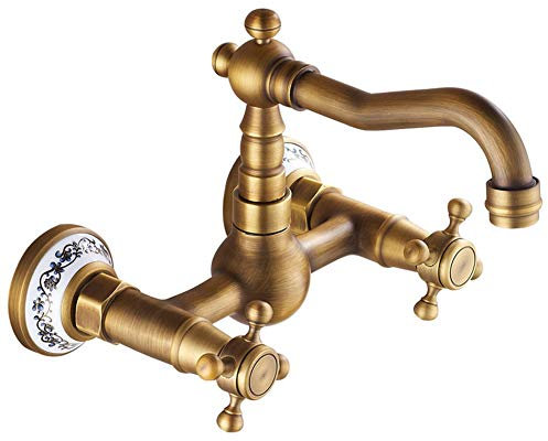 Wasserhahn Bad - Waschtischarmaturen An Der Wand Montierter Schwarzer Retro-Doppelhebel-Badarmatur, Kaltes Und Heißes Wasser Vorhanden, Drehbarer Messing Doppelloch-Waschbeckenhahn, Keramikkartusche