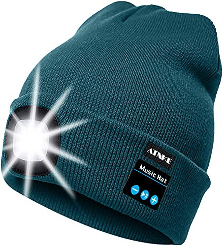 ATNKE LED beleuchtete Bluetooth-Beanie-Kappe, wiederaufladbare USB-Musikalische Laufmütze mit extrem hellem 4-LED-Licht wasserdichte Lampe für das Skifahren Wandern Camping Radfahren (Oliv Grün)