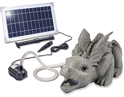 Esotec Solar Wasserspeier Set Drache Grisu, Solarpumpe, Teichfigur Gartenfigur Gartenstatue, Tauchpumpe, Gartenbrunnen, Springbrunnen außen Outdoor, Vogeltränke H=20cm 101655