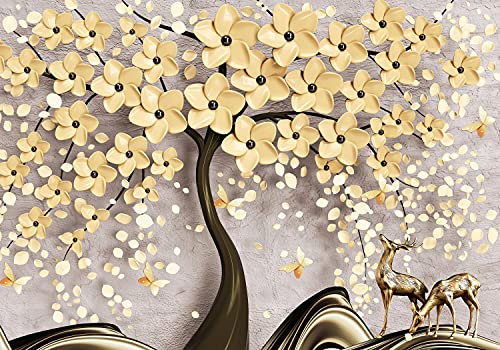 wandmotiv24 Fototapete Blütenbaum gold Reh, XXL 400 x 280 cm - 8 Teile, Wanddeko, Wandbild, Wandtapete, Hirsch Ast Beton Zement M6788