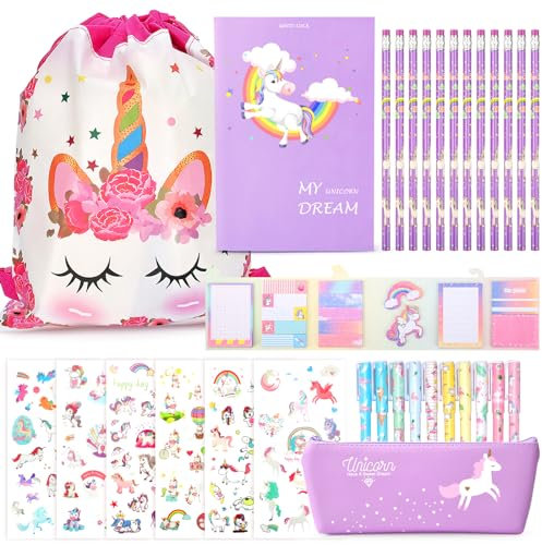TOYESS Unicorno Regalo di Cancelleri per Bambina 6 7 8 9 10 11 12 Anni, Unicorno Set di Giocattoli per Ragazze, include Astuccio y Penne Colorate y Matite y Quaderni y Adesivi Ecce(32pz)