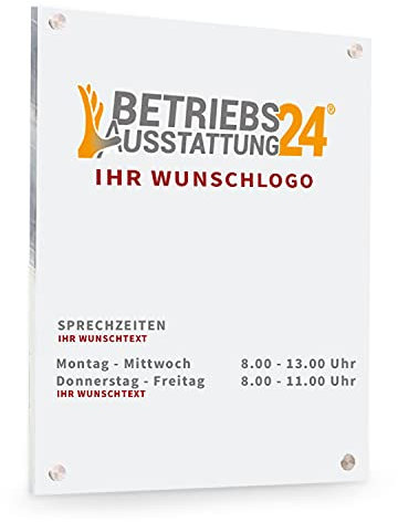 Betriebsausstattung24® Individuell gefertigtes Türschild mit Wunschlogo & Text | Acrylglas, 21,0 x 29,7 cm/DIN A4 Hochformat | Inkl. 4 Abstandhaltern aus Edelstahl | Zum Verschrauben