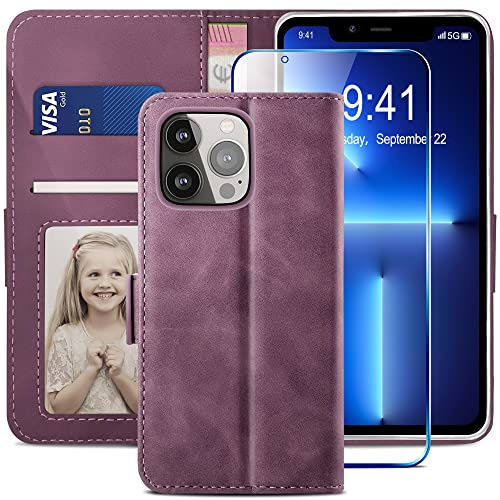 YATWIN Kompatibel mit iPhone 13 Pro Hülle und iPhone 13 Pro Handyhülle +1 Stück Panzerglas Schutzfolie, Klapphülle Premium Leder Brieftasche Schutzhülle Handytasche für iPhone 13 Pro Case, Weinrot