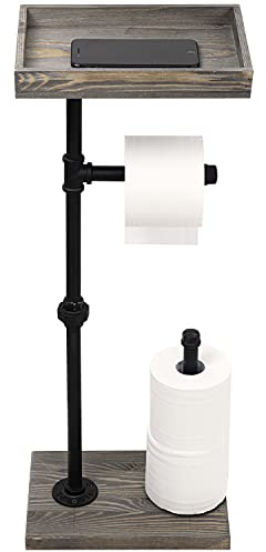 MyGift Vintage Gray Wood and Industrial Metal Pipe Freestanding Toilet Paper Roll Holder Dispenser Stand with Reserve Storage and Top Shelf Tray