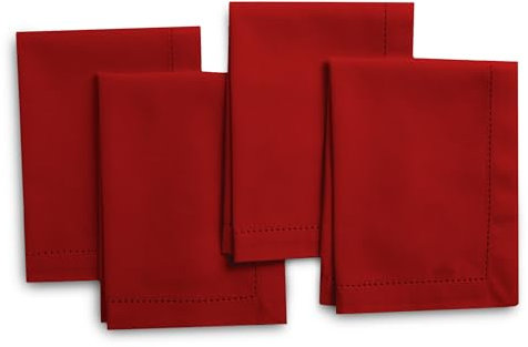 Encasa XO Stoffservietten Set von 4 | Reines Baumwolle mit Hohlsaum-Design | Tiefrot | Quadratische Größe 43x43 cm | Tafelservietten – Waschmaschinenfest & Wiederverwendbar