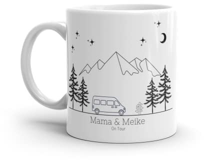 Emaille Tasse Camping personalisiert mit Namen und Wohnmobil, Geschenk für Camper, Van-Bulli, Outdoor (Keramik-Tasse), Weiß