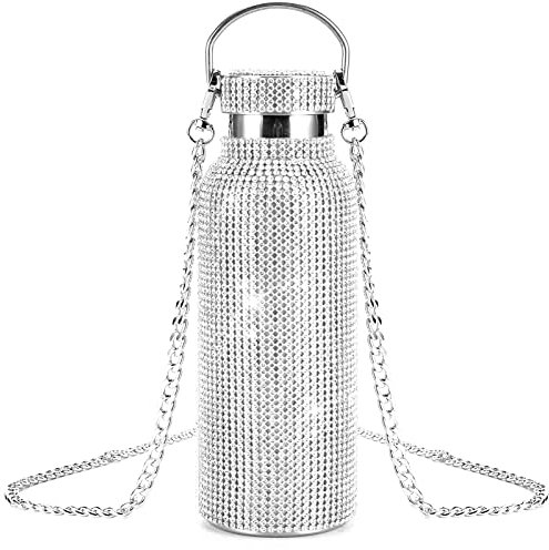 Bling Diamond Thermal Bottle,Glitter Water Bottles, Stainless Steel Thermal Bottle Refillable Water Bottle with Chain for Women (750ml, silver)