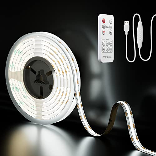 PAUTIX USB 5V LED Streifen Weiß 2M mit Fernbedienung, 640LEDs 6000K Dimmbar COB LED Strip Lights CRI85+ TV Hintergrundbeleuchtung,Flexibel Unterbodenleuchte für Küche,Zuhause DIY Beleuchtung