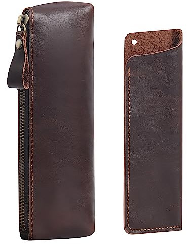 WONDERPOOL Leather 1pc Pencil Case & 1pc Fountain Pen Holder - Portable Compact Drawing Marker Pen Stationery Pouches for School Office Travel Organizer(Coffee)