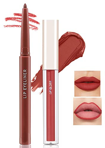 Boobeen Matte Lip Liner Pencil and Liquid Lipstick Set, Nude Dark Red Lip Makeup Long Lasting Waterproof Lipliner Pens & Plumper Lipgloss Velvet Lip Glaze Set Gift for Women and Girls