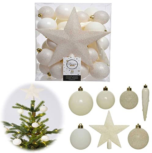 Christbaumkugeln Weihnachtskugeln 33 Stück Perle Champagner Set Ø 5cm 6cm 8cm Kunststoff Mix mit Sternspitze