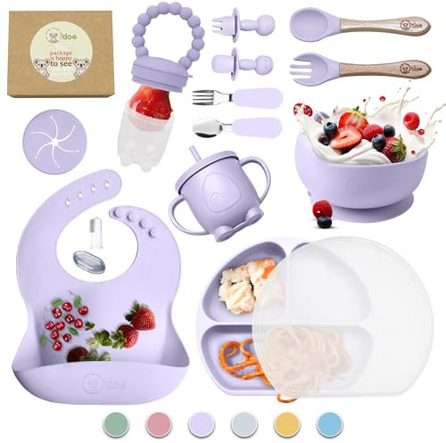 O'doe 17-teilig Baby LED-Entwöhnungszubehör für Kleinkinder, Babyfütterungsset | Saugnapf-Silikon-Babyschale, selbstverzehrende Utensilien mit Löffeln, Tassen, Lätzchen, Essteller-Set mit | Lila, V2
