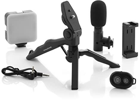InnovaGoods® Kit de vlogging (6 piezas), tripode para movil graba vídeos de forma profesional, con aro de luz LED, micrófono y mando, ideal para vloggers, YouTubers y creadores de contenido.