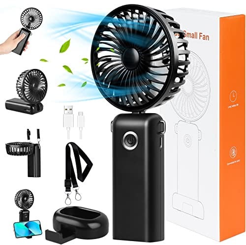 SKYAYA Handheld Fan Portable USB Rechargeable 5 in 1, Hand Mini Small Battery Powered with 3 Speeds, Foldable Powerful Held Desk Neck for Home, Office, Camping, Travel, Black, (F28)