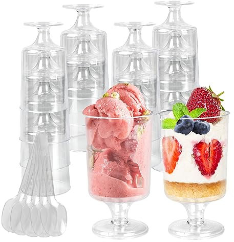 LANSKYLAN 50 Stück Dessertbecher Plastik 100ml Desserttassen Dessert Becher Transparent Plastikbecher Dessert Rundform Dessertschalen mit Löffel Dessertgläser aus Kunststoff für DIY Desserts Pudding