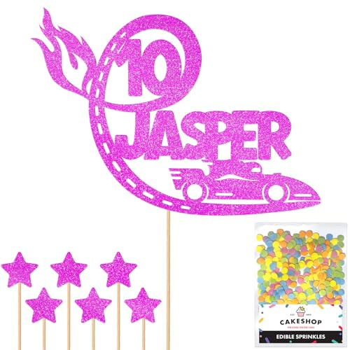 Personalised F1 Motor Racing Car Glitter Cake Topper - Pink Custom Age & Name Glitter Cake Decoration and Sprinkles - Happy Birthday Decorations - Personalised Toppers for Cakes by Cakeshop