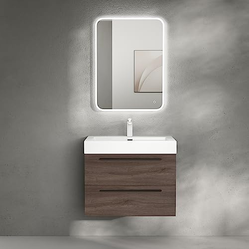 doporro Badmöbel-Set Waschbeckenunterschrank in Eiche Stirling 73x48x60cm | Wandhängendes Badmöbel-Set mit Mineralguss-Waschbecken, Soft-Close-Schubladen – pflegeleicht für moderne Bäder Quadratto