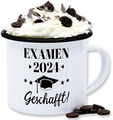 Emaille Tasse Blechtasse - Abi & Abschluss - Examen 2026 Geschafft - 300 ml - Weiß Schwarz - 2023 bestanden bestandene