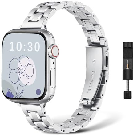 NicMool Correa para Apple Watch 42mm 44mm 45mm 46mm 49mm, Mujer Delgado Pulseras de Metal Correas para iWatch Ultra 3/Ultra 2/Ultra, iWatch Series 11/10/9/8/7/6/5/4/3/2/1/SE 2/SE 2/SE - Plata