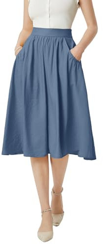 Belle Poque 50s Vintage Retro Rock mit hoher Taille Klassisch Vielseitig Plissiert A-Linie Midi Rock für den Alltag Denim Blau BP0926-05 S