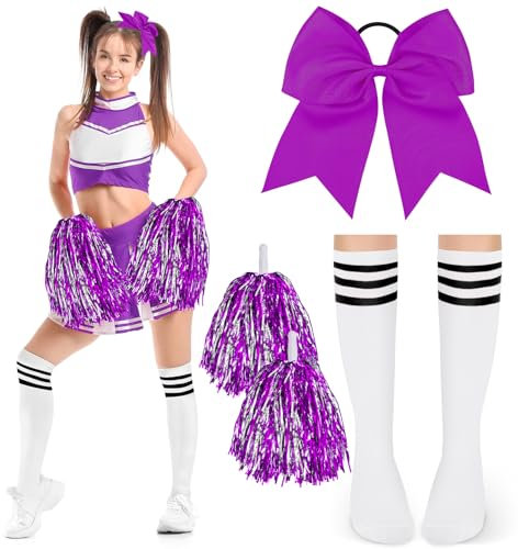 DPKOW Damen Cheerleader Kostüm Zubehör, Mädchen Cheerleader Kostüm Karneval Damen Mädchen Football Kostüm Zubehör Cheerleader Pompons lila Schleifen Haargummis Strümpfe Damen Mädchen Halloween Zubehör