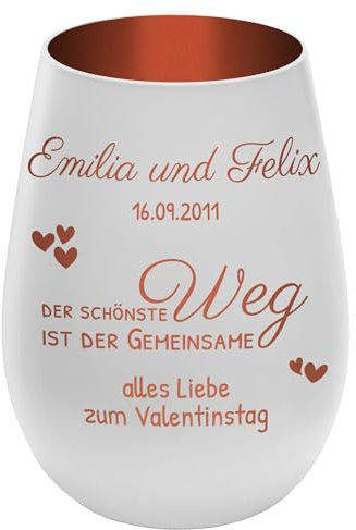 Windlicht mit Gravur ''Der schönste Weg'' - Weiß/Kupfer - Teelichthalter personalisierbar mit Wunschtext - Geschenk zu Valentinstag Hochzeit Verlobung Jahrestag