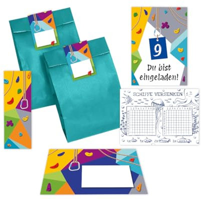 Minkocards 12 Einladungskarten zum 9. Kindergeburtstag Klettern Bouldern Mädchen Jungen neunte Geburtstag incl. 12 Umschläge, 12 Partytüten/petrol, 12 Aufkleber, 12 Lesezeichen, 12 Schiffe versenken