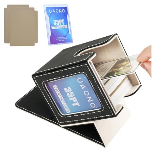 UAONO Card Deck Box mit MTG Commander Display, Deck Case Hält 100+ Doppelhülse Karten, Sammelkarten Aufbewahrungsbox passt TCG/PTCG/Sportkarte mit 2 Trennwänden, 1 Toploader (Schwarz, Gold)