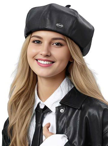 FEOYA Baskenmütze Barett für Damen Mütze Leder PU Frauen Klassische Französische Mode Visor Schirmmütze Schwarz Ballonmütze Bakerboy Hat Achteckige Beret Mütze Cap Maler Kappe Elbsegler Herbst Winter