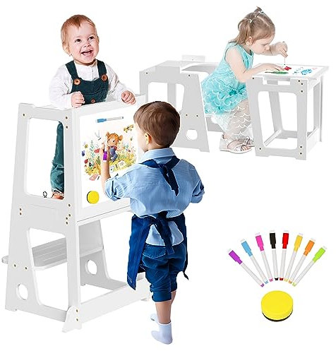 BueDeHai 4 in 1 Lernturm ab 1 Jahr, Klappbare Küche Tritthocker für Kinder, Hölzerne Lernen Kleinkind Turm mit Whiteboard,2 In 1 Umwandelbarer Tisch Und Stuhl für Kinder 1,5 bis 5 Jahre alt, Bad