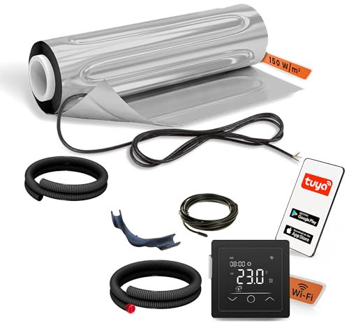 EH Expert AluPROFI -150 W/m²- 10 m² -Heizmatten-Set für schwimmende Bodenbeläge –Elektrische Fußbodenheizung für Vinyl, Laminat, Parkett– mit WLAN-Touchthermostat und Installationsmaterial (Schwarz)