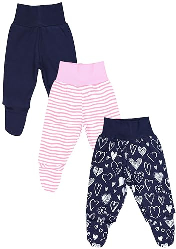TupTam Baby Mädchen Strampelhose Hose mit Fuß 3er Pack, Farbe: Blau Herzen Pink Streifen, Größe: 62