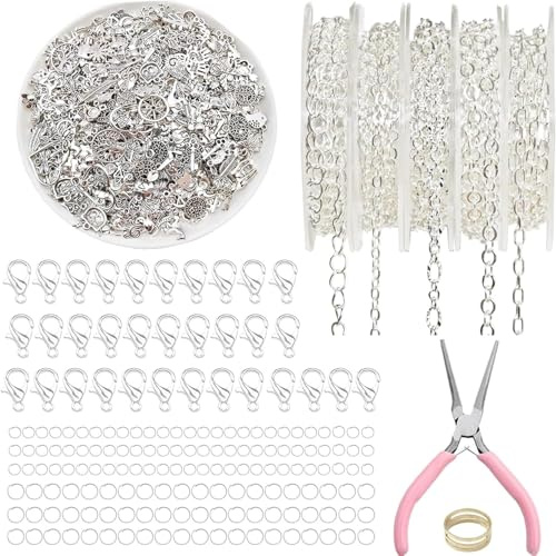 Zheigaoxea 16.4 ft Necklace Chain for Jewelry Making, 5 Rolls Silver Plated Chains for DIY Necklace Bracelet Jewelry Making Accessories with Charm Pendants Jump Rings Lobster Clasps Pliers（Silver