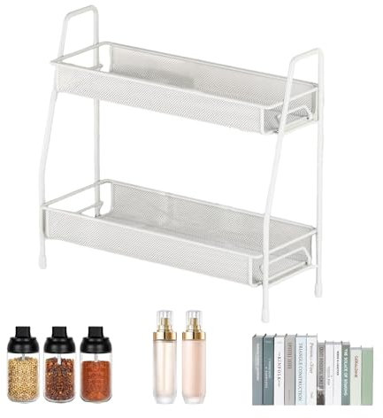 Eidoct 2 Tier Large Makeup Storage Rack Bathroom Storage Rack Spice Holder Perfume Organiser Kitchen Rack Vanity Organizer Storage Shelve, for Kitchen Home Office Countertop, 37 x 33 x 17 cm (White)