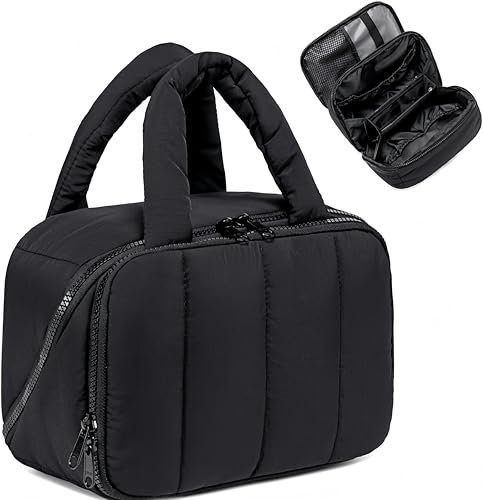 CAMTOP Reise-Kulturbeutel für Damen, Reise-Kulturbeutel, leicht, groß, weit geöffnet, Make-up-Tasche, großes Fassungsvermögen, Kosmetiktasche, Puffy für wichtige Dinge, Schwarz, Large, modisch