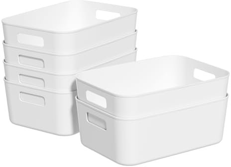 Dehouse Pack for 6 Plastic Storage Bins, Versatile Kitchen Pantry Organization Container, White