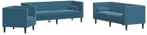 vidaXL Chesterfield Sofa Set mit Nackenrollen 3-TLG., Sofagarnitur mit Kissen, Sitzgruppe für Wohnzimmer, Polstersofa Couch Sessel, Blau Samt