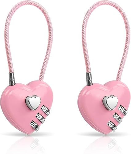 2 Pcs Pink Combination Lock, 3 Digit Heart Shaped Padlock for School Gym Locker,for TSA Approved Cable Luggage Locks, Sports Locker Lock, Luggage, Fence, Backpack, Valentine Gift, Luggage Accessories