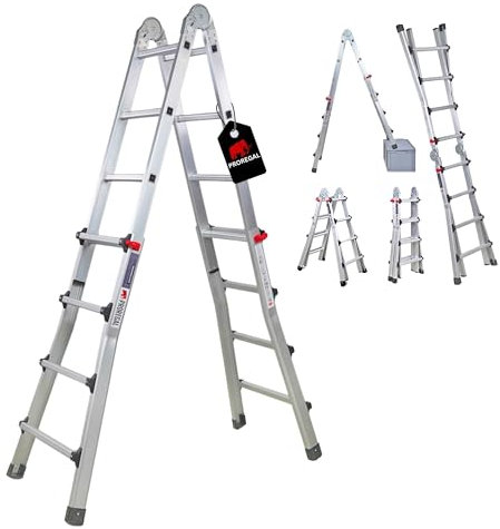 PROREGAL Sprossen-Mehrzweckleiter APOLLO 3-in-1 Aluminiumleiter 4x4 Sprossen bis zu 4m Höhe Traglast 150kg Silber, Treppenleiter Multifunktionsleiter Klappleiter Teleskopleiter Stehleiter Anlegeleiter