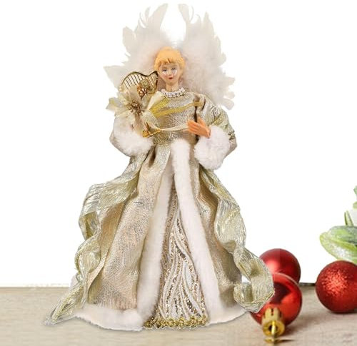 Puntale per albero di Natale, angelo di Natale, cima 'albero, angelo di Natale, puntale per albero di Natale, con di piume bianche, per albero di Natale
