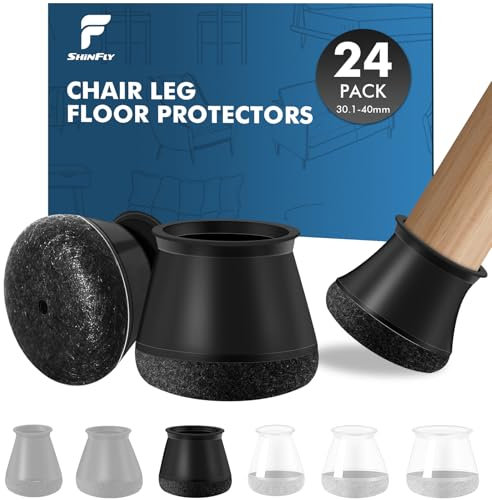 shinfly 24 Pièces Protection Pied de Chaise, Patins pour Chaises en Silicone avec Feutre Haute Densité, Protege Pied de Chaise et Sol, Anti-Rayure et Silencieux sur Bois (L 32-40mm, Noir)
