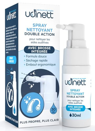 Spray Nettoyant pour Appareils Auditifs avec Brosse Udinett Hygiénisant 30ml Formule Sans Alcool pour Nettoyer les Écouteurs Bluetooth Séchage Rapide Élimine le Cérumen et la Saleté
